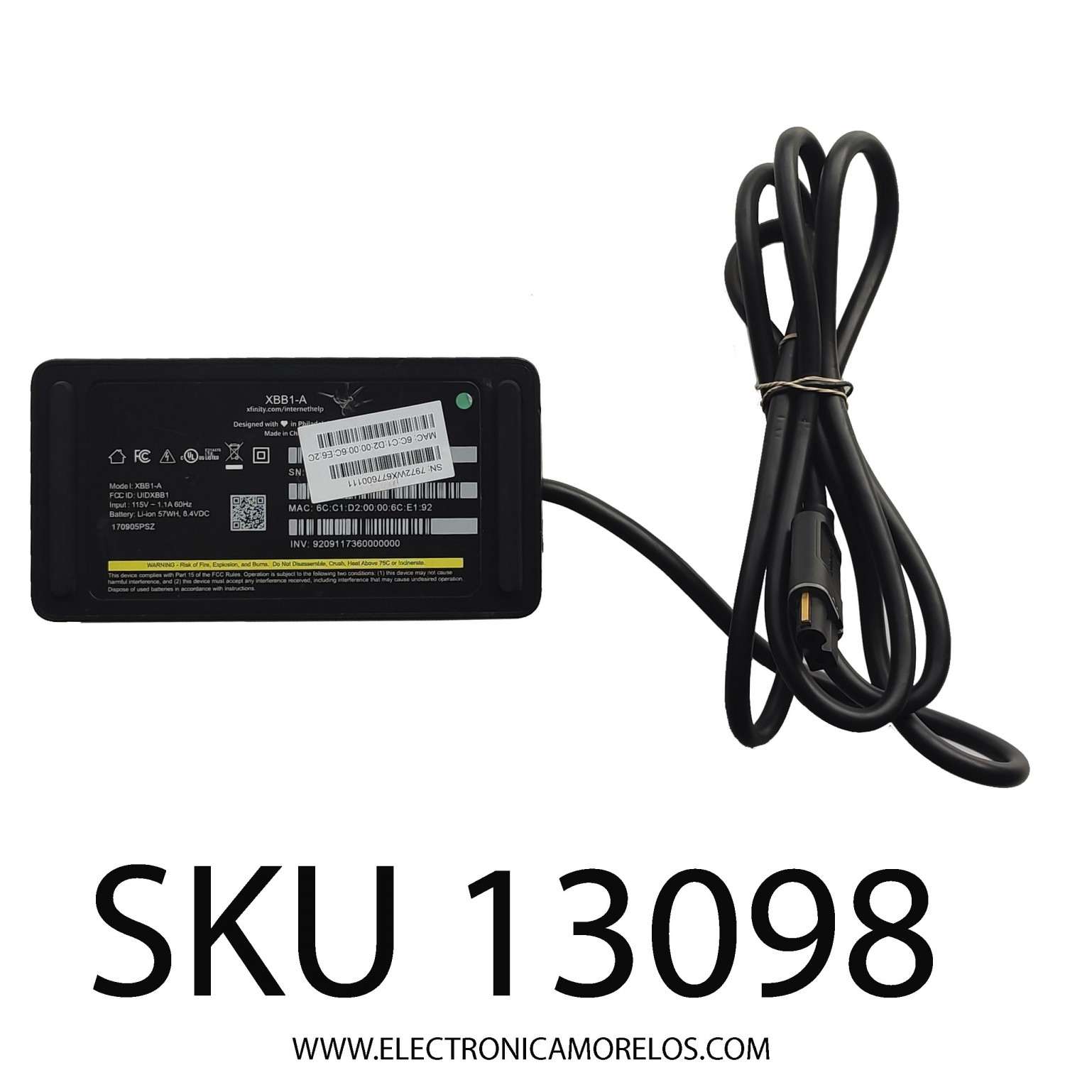 BATERIA / ADAPTADOR AC XFINITY / NUMERO DE PARTE XBB1-A / UIDXBB1 / INPUT 115 VAC - 1.1A 60Hz / BATTERY: LI-ION 57WH, 8.4 VDC / 170905PSZ	